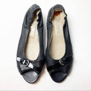 AGL Black Leather Peep Toe Low Wedge